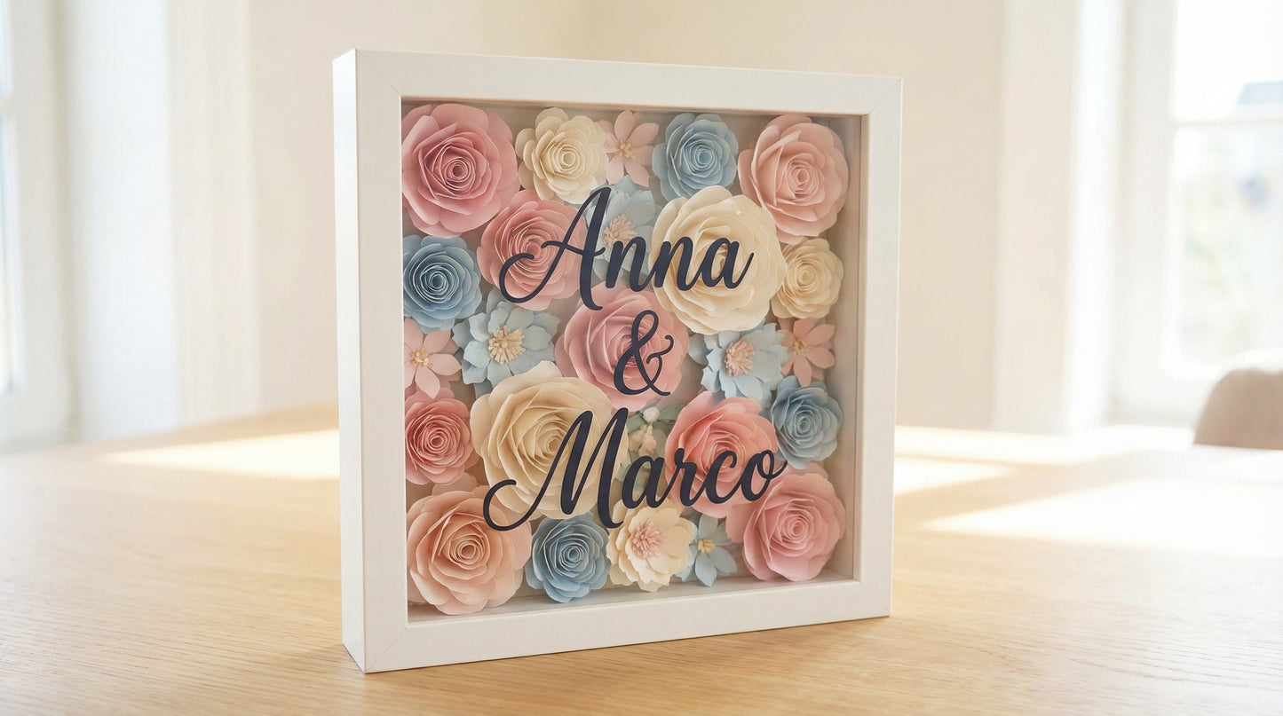 Shadow Box Personalizzata con Fiori 3D e Frase sul Vetro