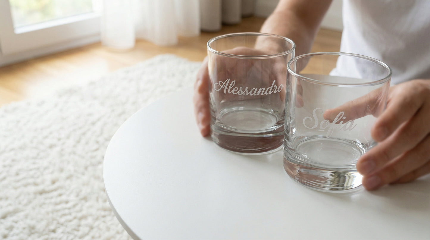 Calici, Flute e Bicchieri in Vetro Incisi – Personalizzati con Nome e Dedica